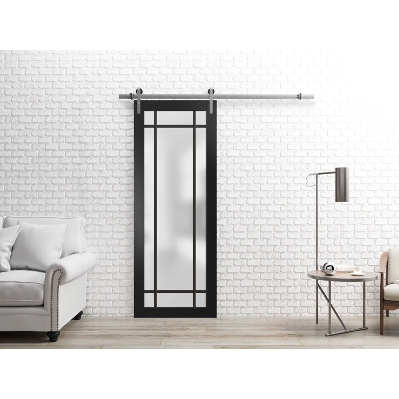 Porte de grange robuste en verre trempé dépoli Planum 2112 Noir mat, rail argenté de 2 m (6,6 pi), quincaillerie robuste, portes intérieures modernes à panneaux pleins - 91,4 cm x 213,4 cm (36 po x 84 po) - Rail argenté