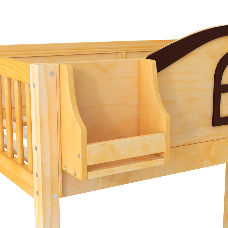 Lit superposé simple au dessus d'un lit double avec escalier de rangement, tablette, glissade et garde-robe, naturel et espresso