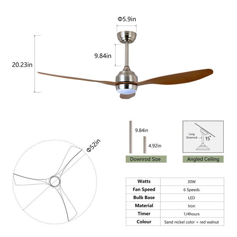 Ventilateur de plafond 52 po Farmhouse, Nickel, Marron foncé