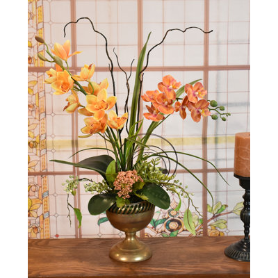 Sunset Yellow and Salmon Silk Orchid Floral Design