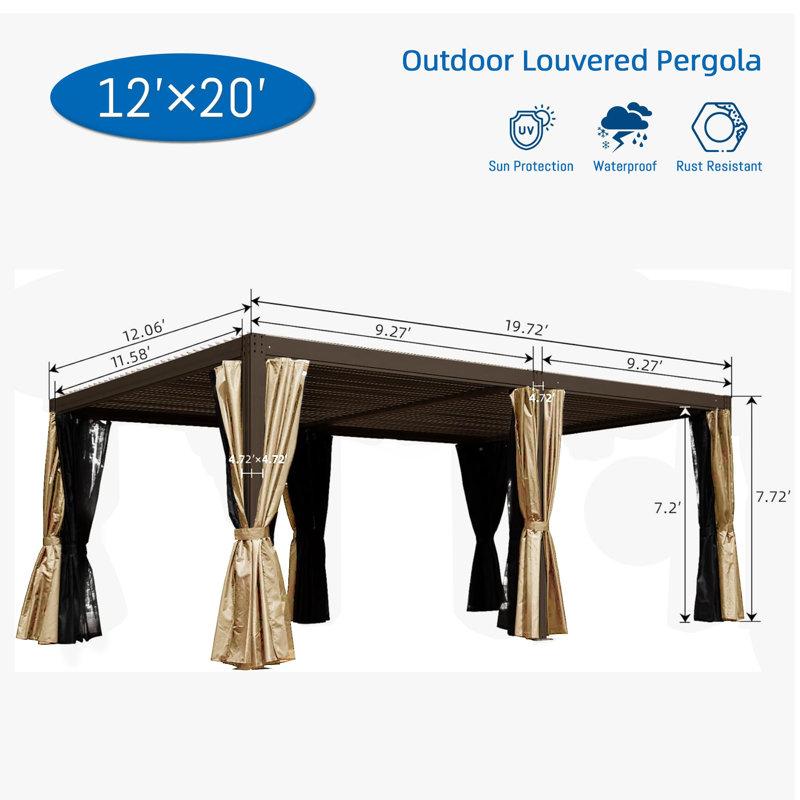 20 ft. x 12 ft. Aluminum Pergola with Adjustable Roof, Curtains & Netting, Brown