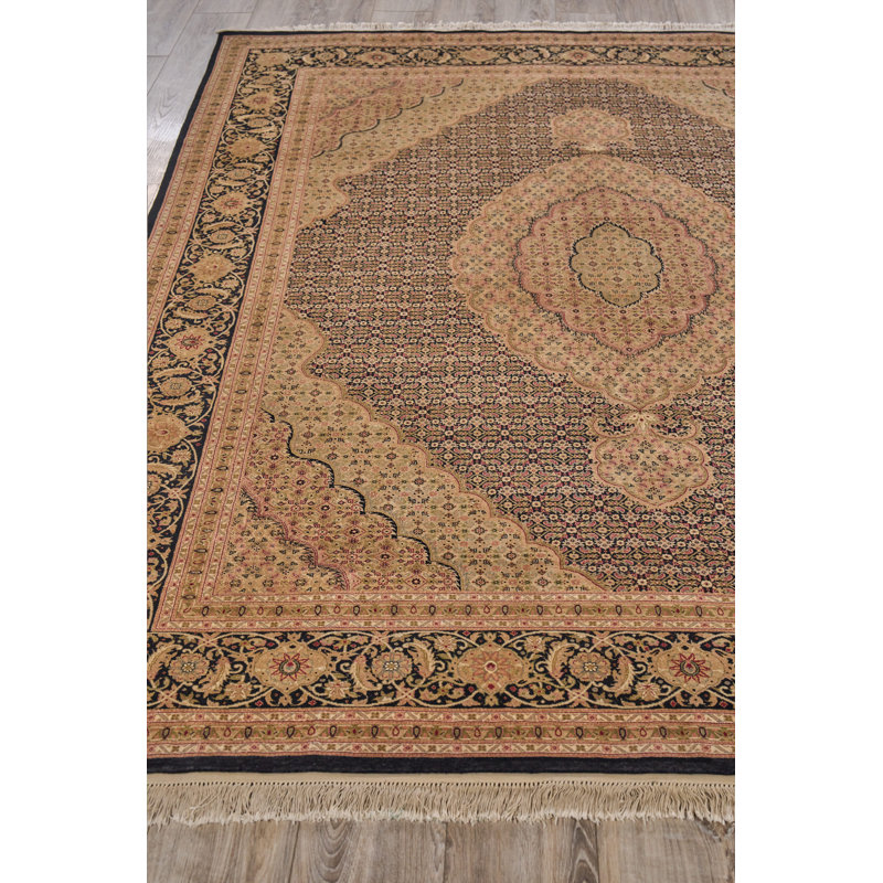 Hand-Knotted Black and Beige Floral Wool 8' x 10' Rug