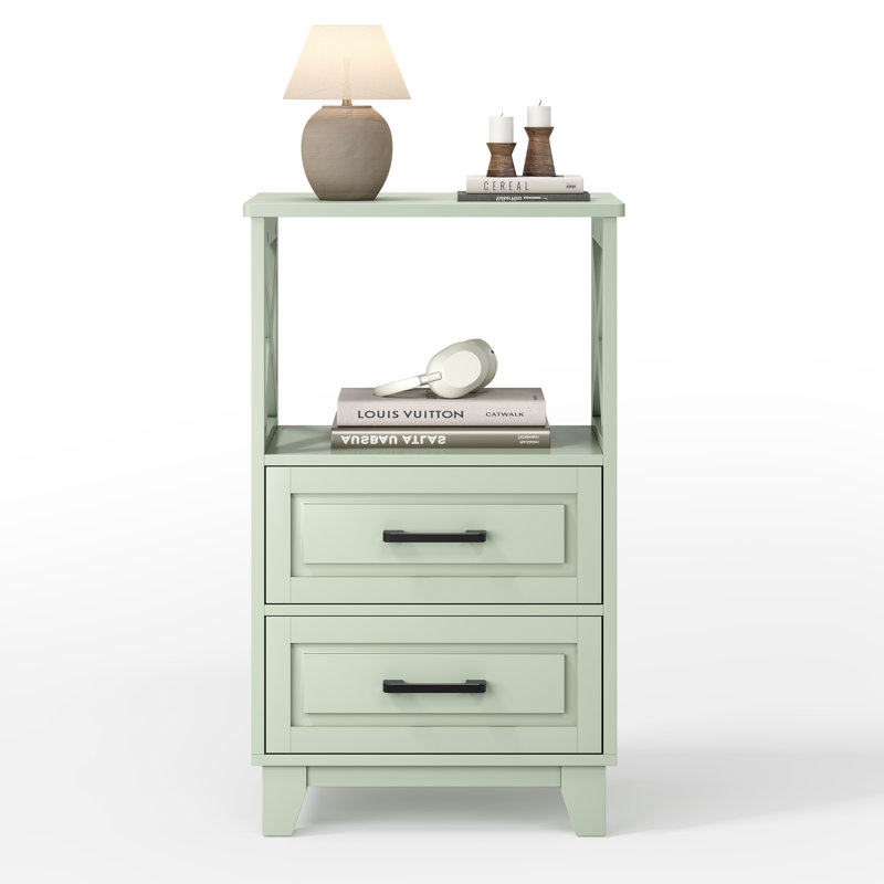 30" Tall Nightstand Modern Painted Wood Bedside Table With 2 Drawers And Open Shelf, Green