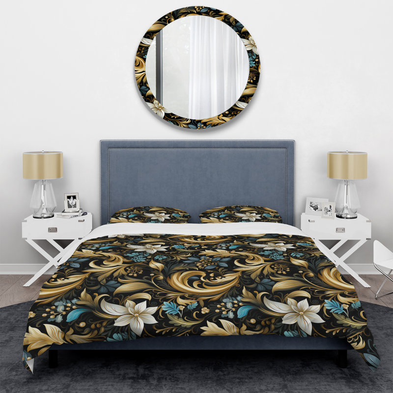 Ensemble de housse de couette en damas Black And Gold Damask Flower Blossoms
