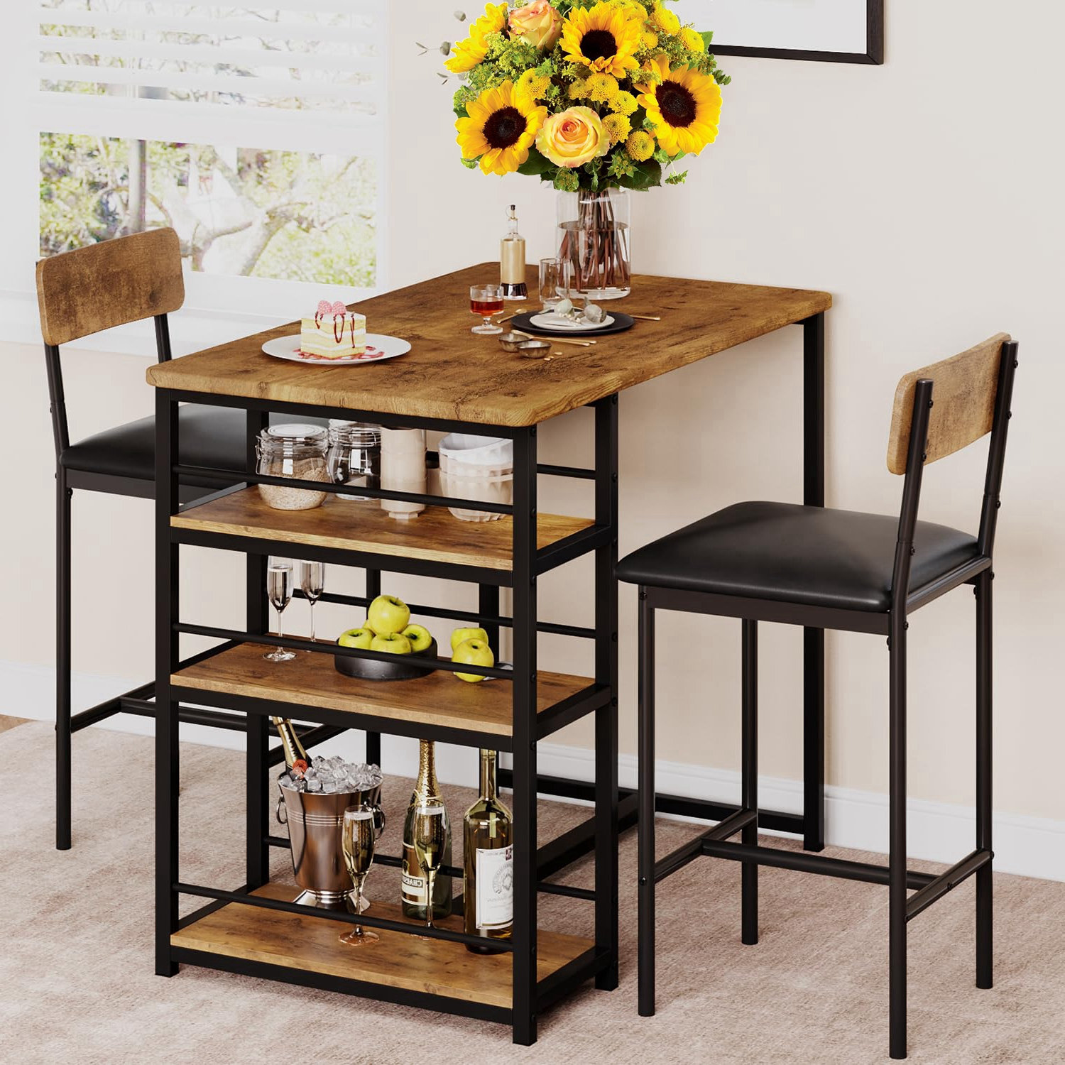 17 Stories 3 Piece Dining Table Set with 3 Large Storage Shelves ...