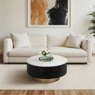 Round Coffee Table with White Marble Top and Black Wood Base, Living Room Table with Gold Metal Accent, Modern Coffee Table, 34"