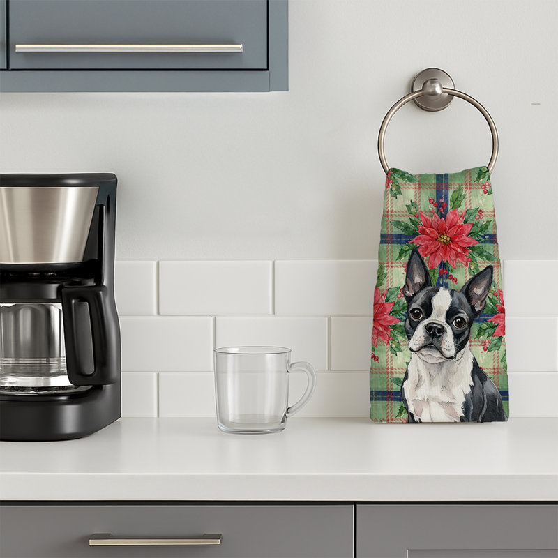 Boston Terrier Christmas PoinsettIas Kitchen Towel, Black/White Boston Terrier