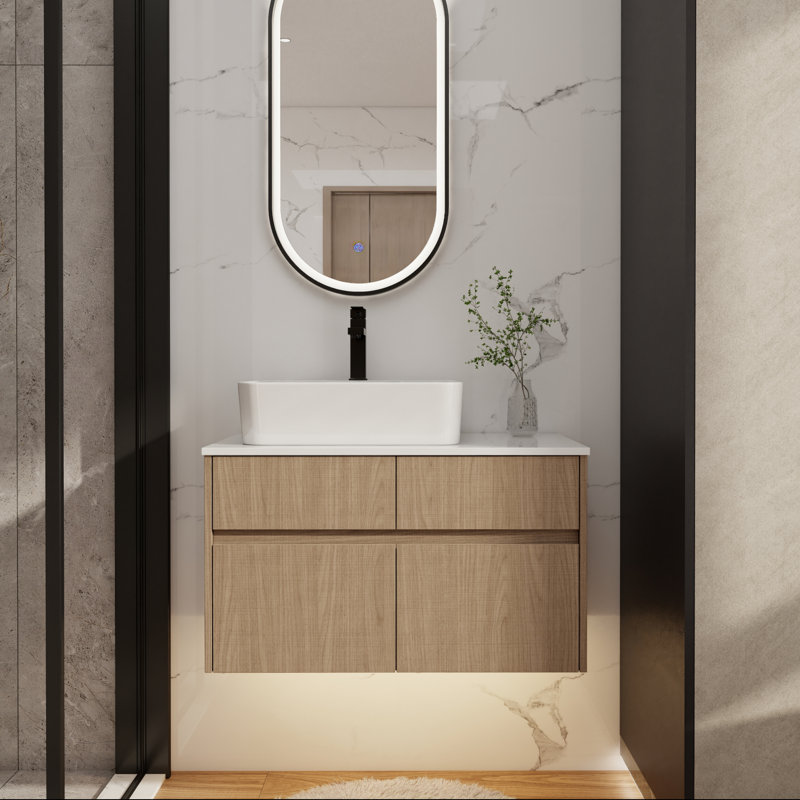Meuble-lavabo flottant 32 po avec lavabo en céramique et armoire à fermeture en douceur 32 po, Noyer fumé