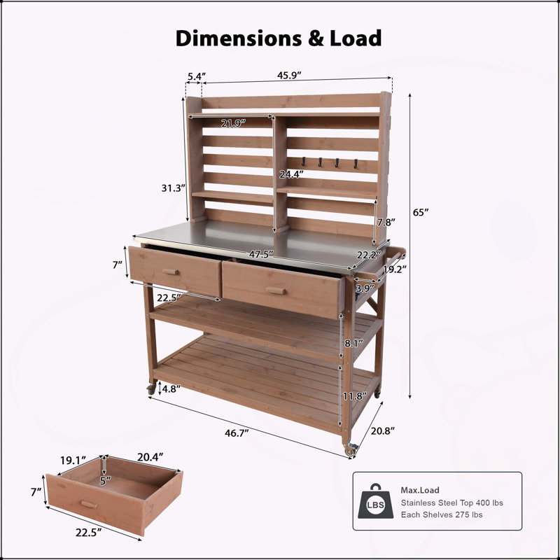 Versatile Outdoor Potting Bench with Lockable Wheels and Multiple Storage Options, Brown