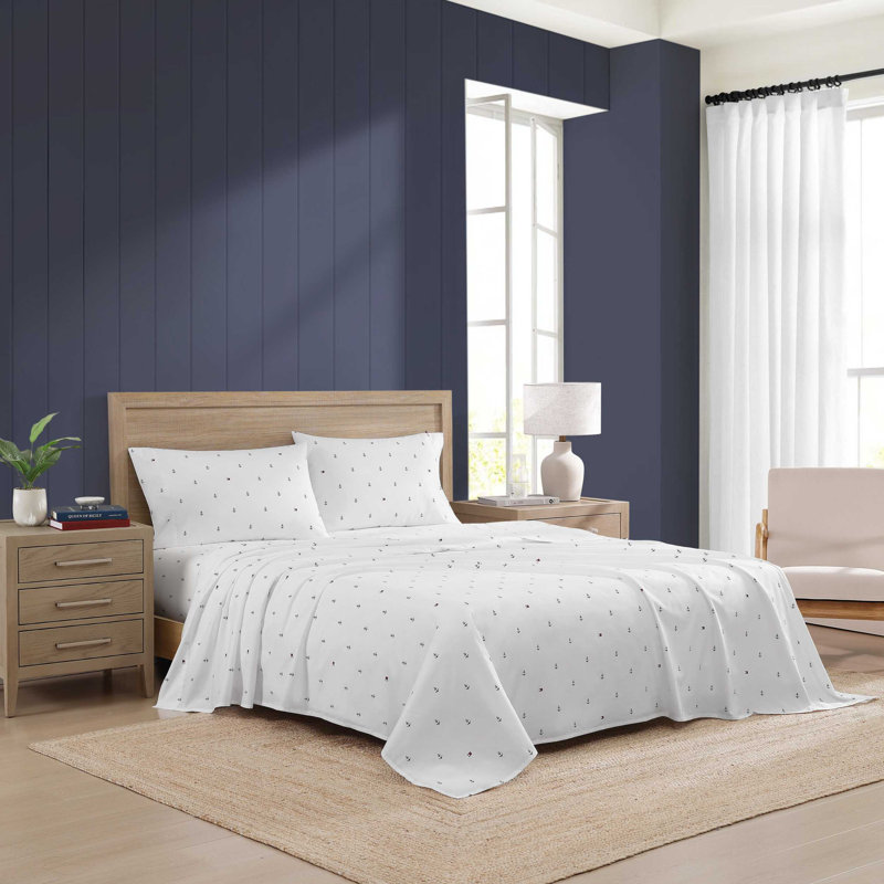Tommy Hilfiger Printed Percale Cotton Sheet Set, Queen Sheet Set with 2 Pillowcases, White Abstract