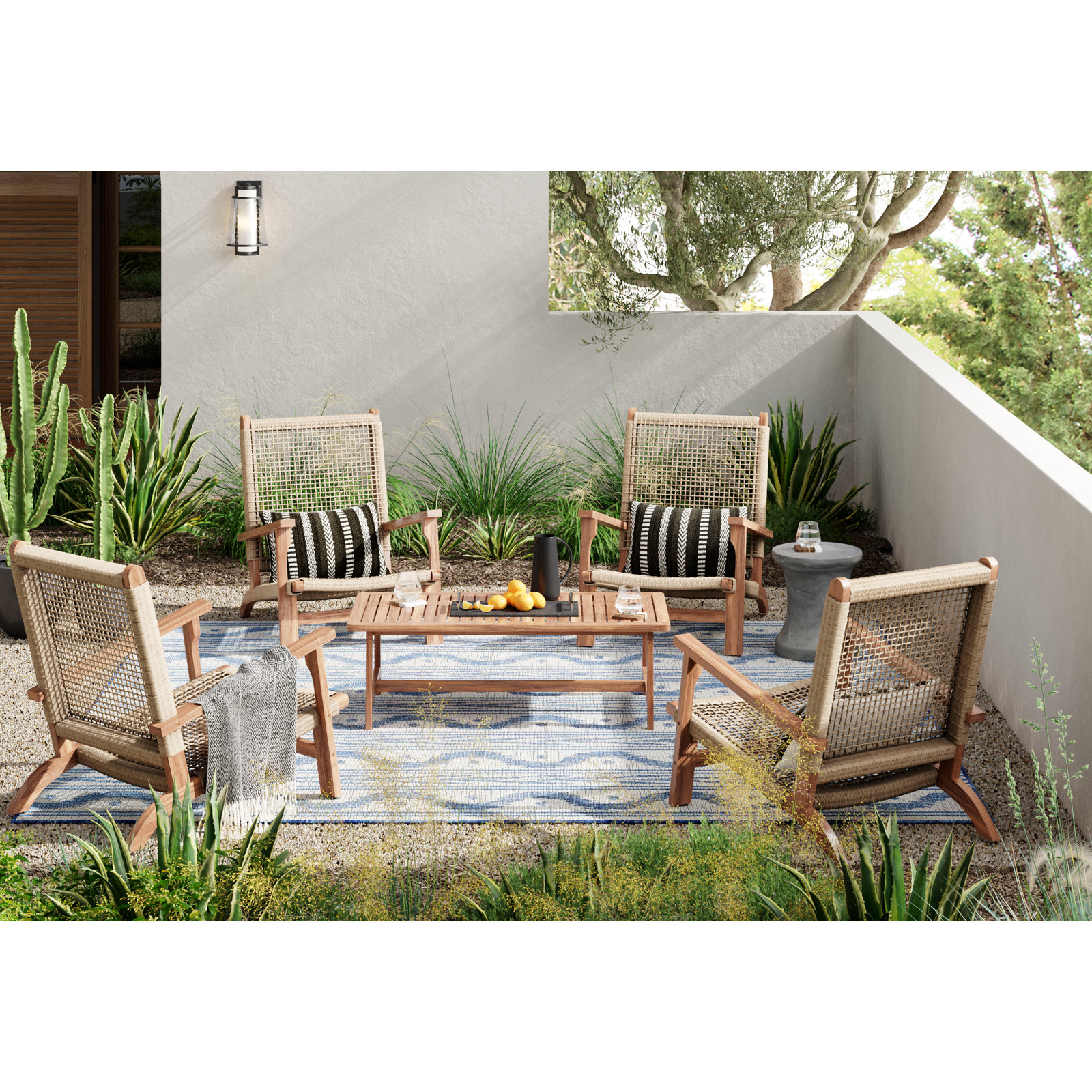 Karini Blue White Ikat Outdoor Rug, Rectangle 5'3" x 7'