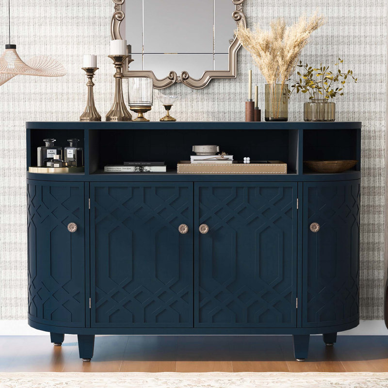 Crédence d'appoint 4 portes cannelée avec bord arrondi, Bleu marine
