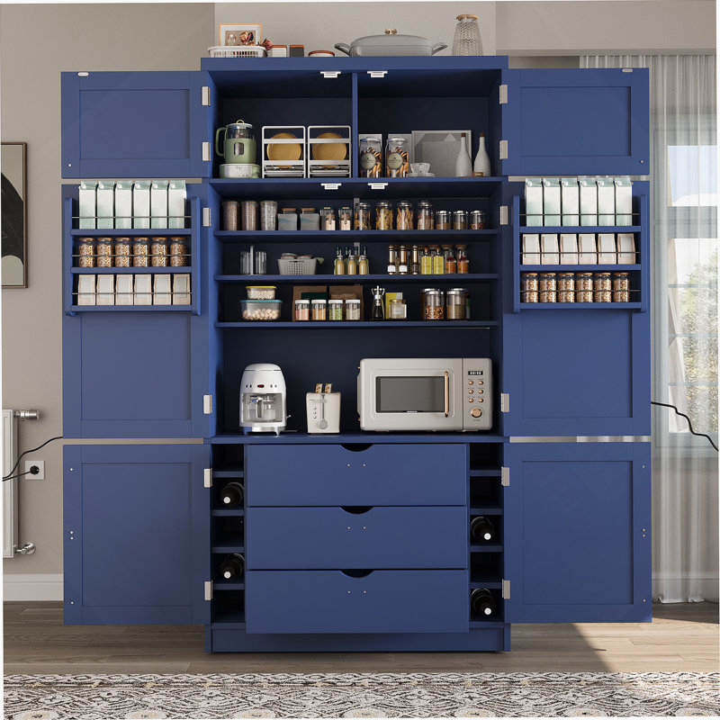 80.1'' Tall Freestanding Kitchen Pantry, 41.3''X18.2'' Large Shaker Style Storage Cabinet Cupboard With 2 Power Outlets, Adjustable Shelves And Door Shelves, Blue
