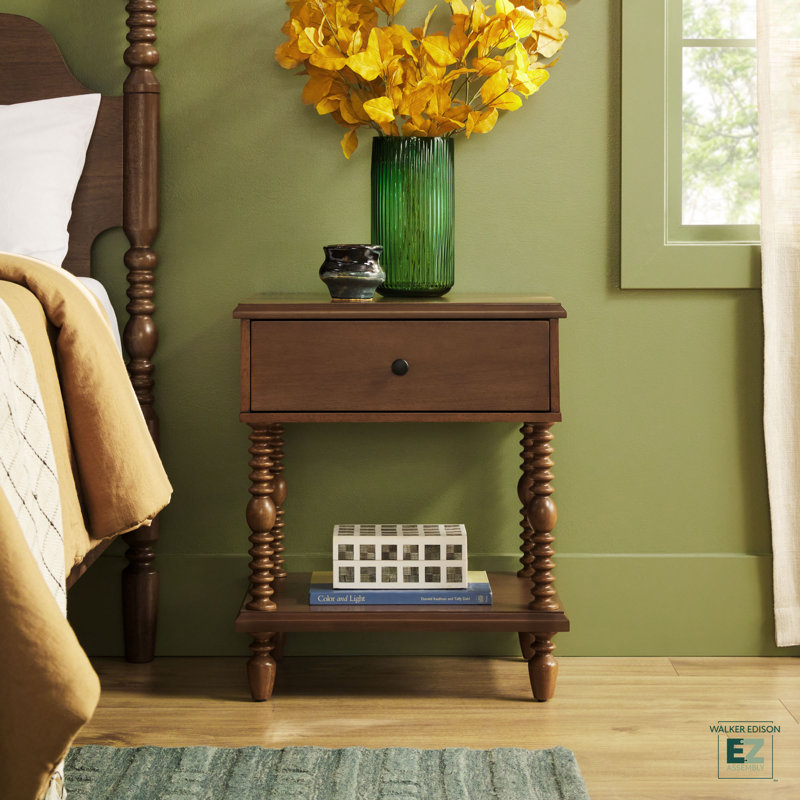 Vivienne Easy Assembly Solid Wood Spindle 1-Drawer Nightstand, Dark Brown