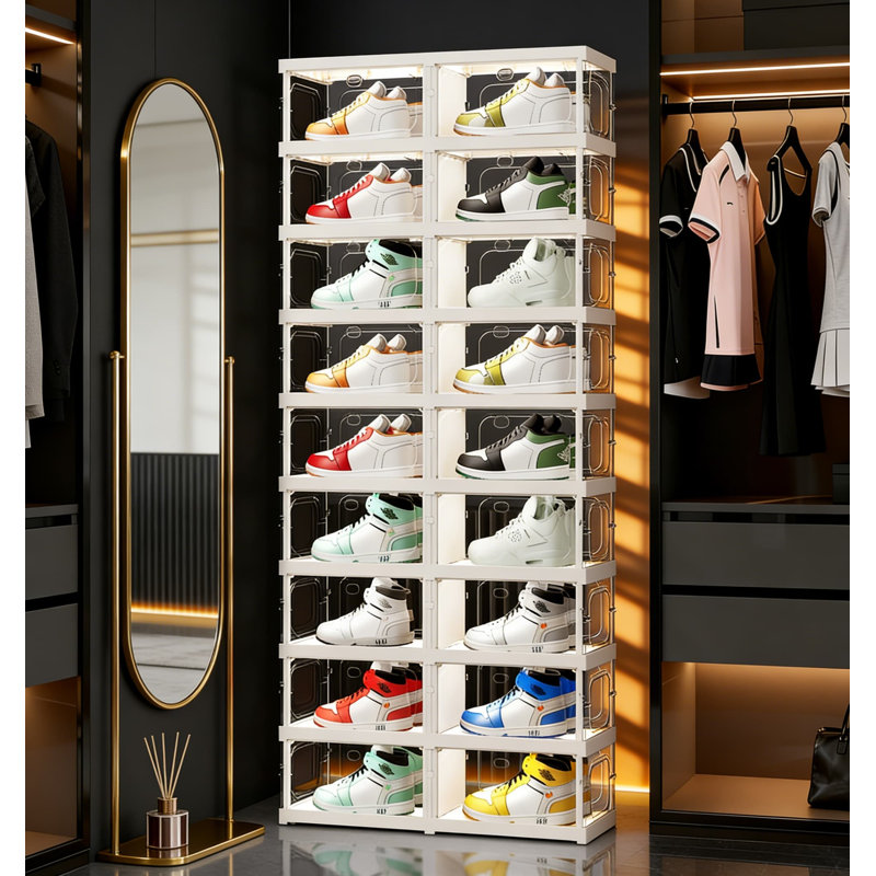 Range-chaussures pliable à 9 niveaux avec portes magnétiques, armoire de rangement pour chaussures empilable de 18 paires, conception transparente à 4 côtés pour talons hauts et espadrilles, organisateur de placard peu encombrant