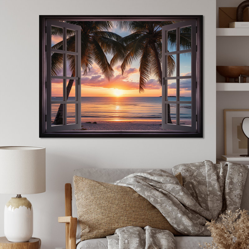 Coucher de soleil sur l'océan tropical à travers une fenêtre blanche ouverte I - art encadré côtier, Toile tendue