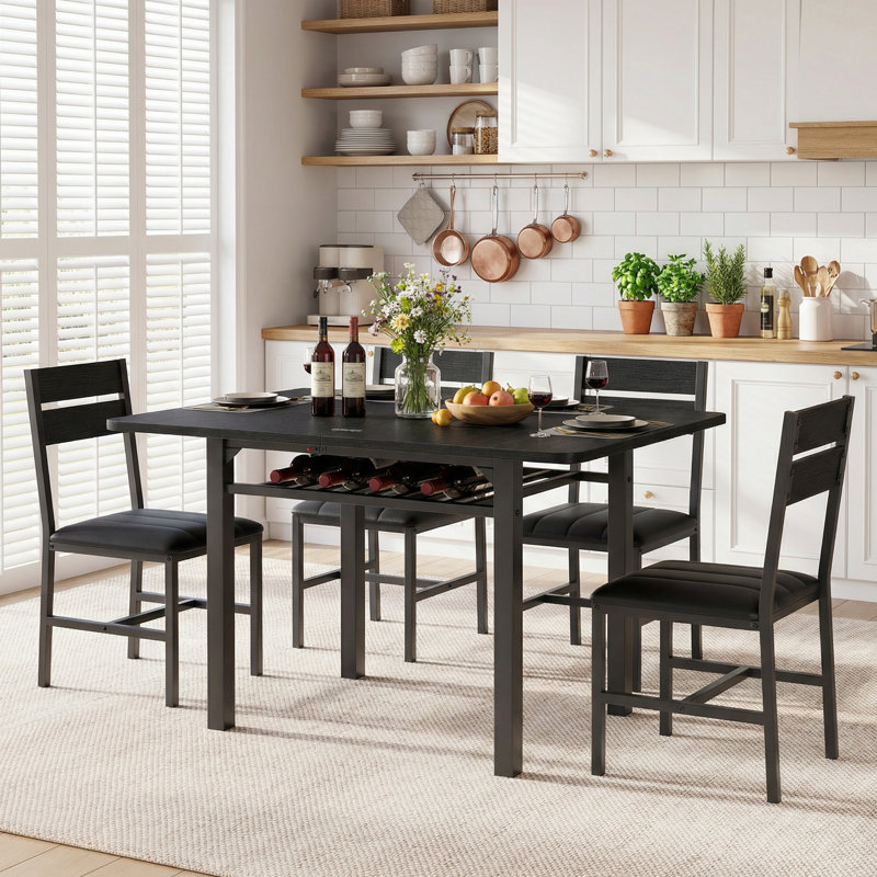 Ensemble de table de salle à manger extensible 5 pièces avec tablette de rangement, table pliable et 4 chaises en similicuir