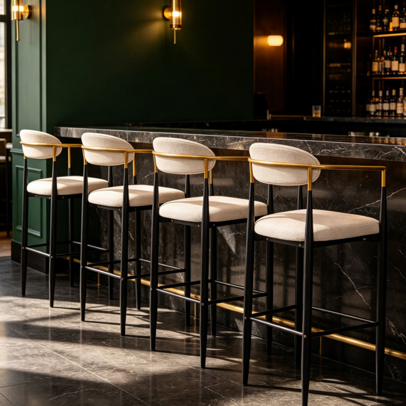 Ensemble de 6 tabourets de bar, hauteur d'assise de 76 cm, tabourets de comptoir modernes rembourrés, tissu beige avec accoudoirs dorés, structure ergonomique en métal noir pour îlot de cuisine et comptoir de salle à manger