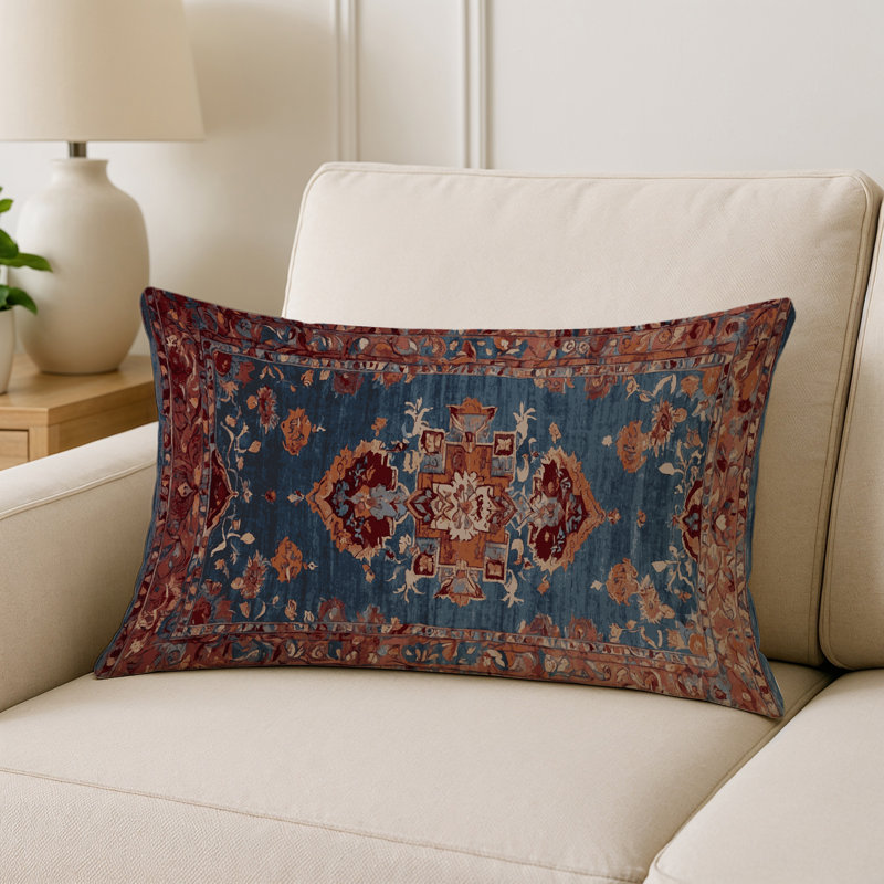 Coussin décoratif intérieur et extérieur Modern, Rectangle H 25 po x l 18 po, Bleu / rouille / beige damassé
