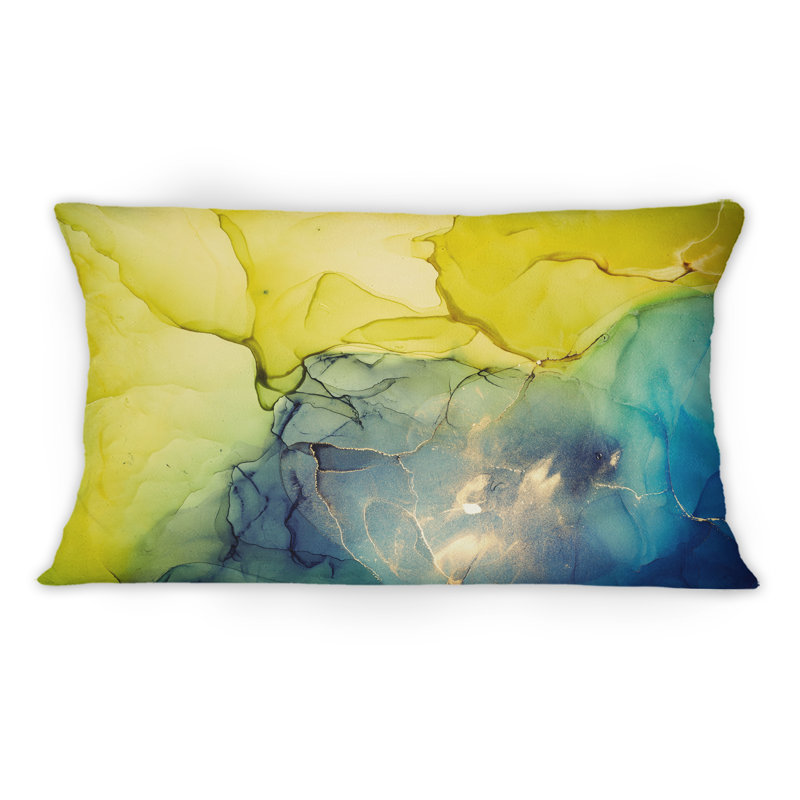 Coussin décoratif jaune et bleu Marble Waves II 12 po x 20 po