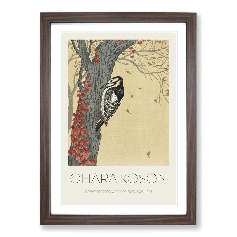 Great Spotted Woodpecker by Ohara Koson - Single Picture Frame Print, Walnut Framed, 48cm H x 36cm W x 2cm D