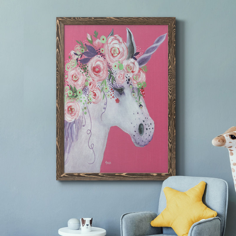 Licorne II - peinture sur toile encadrée, H 31,5 po x l 23,5 po x P 1,5 po, Encadré de bois de noyer