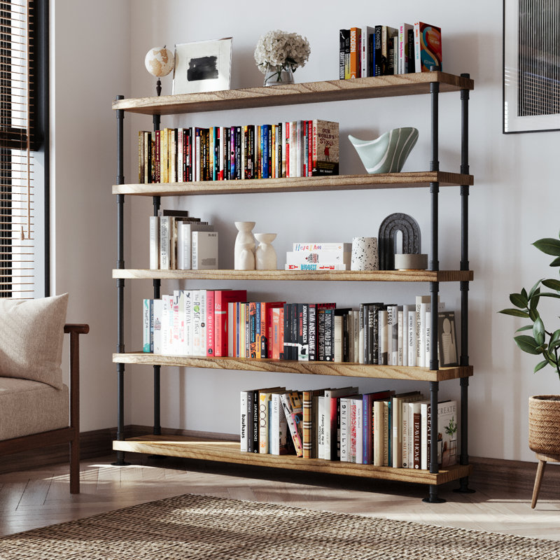 60 Inch Long Bookcase With Pipe Brackets, 11.25" Deep And 1.5" Thick Real Wood Shelves, Pipe Bookshelves For Home Organization, Industrial Shelving Unit, Farmhouse & Boho Decor, 5 Tier, Burnt