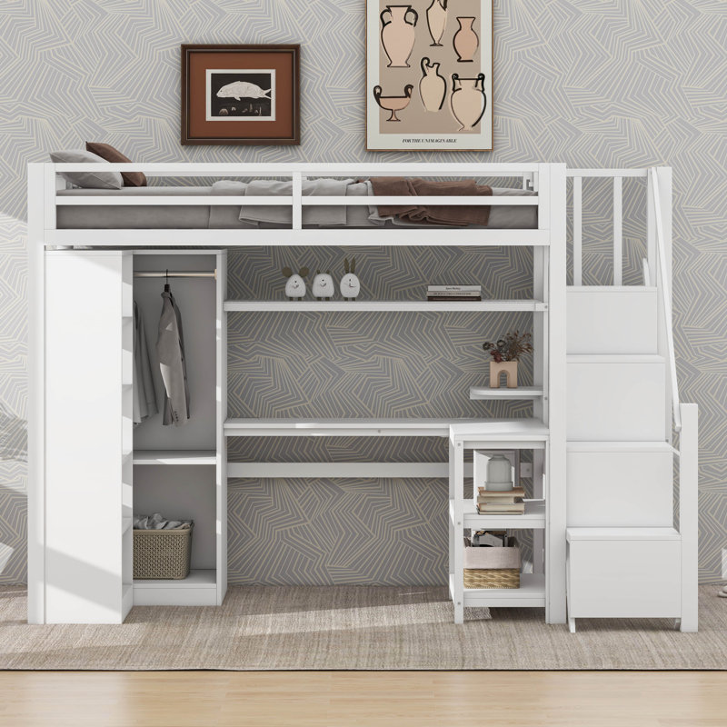 Lit mezzanine en métal avec garde-robe, bureau en L, tablettes à 5 niveaux et ports USB, poste de travail peu encombrant