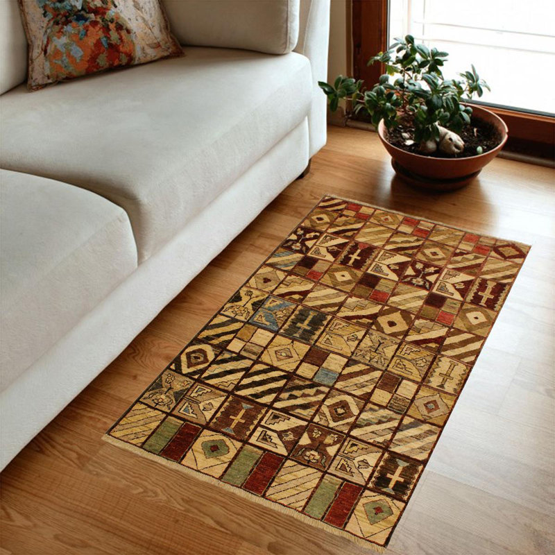 Tapis géométrique brun en laine noué à la main à motif géométrique 3 pi 11 po x 5 pi 7 po Southwestern