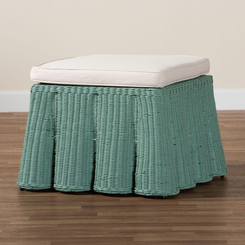 Brazley Bali & Pari Palm Bohemian Seafoam Green Scallop Rattan Ottoman