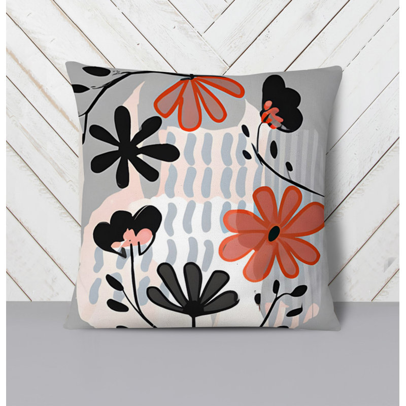 Throw Pillow With Insert, Gray/Red Floral 2, 18"H x 18"W