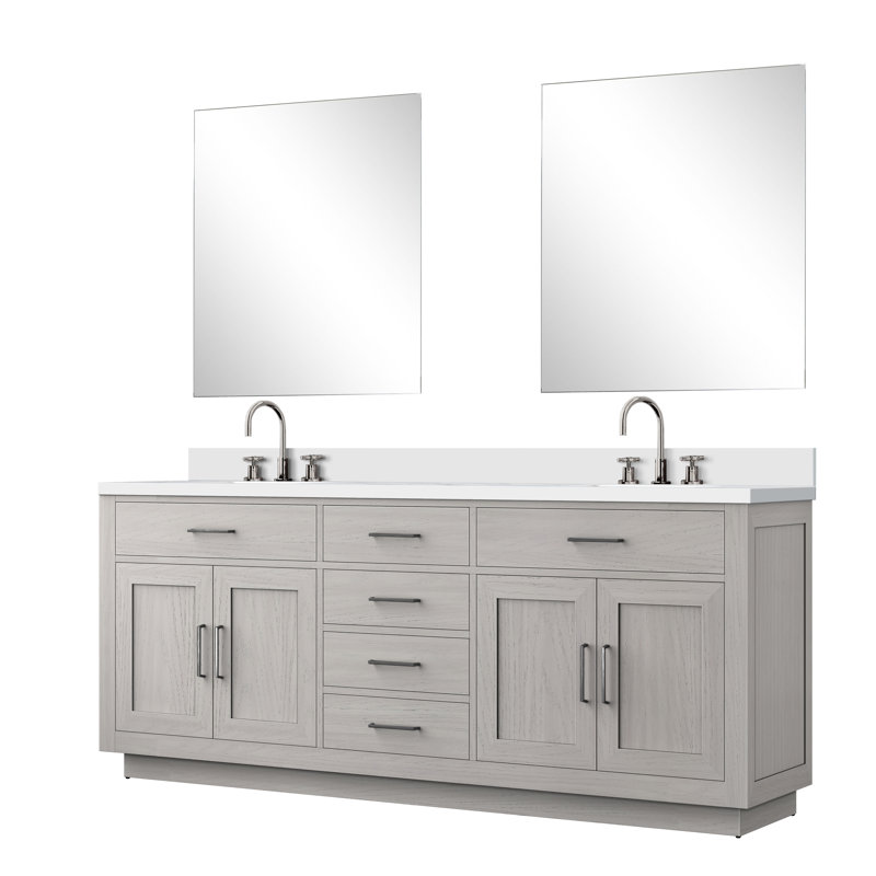 Ensemble de meuble-lavabo double 80 "avec miroir, Chêne noir, Marbre de culture blanc