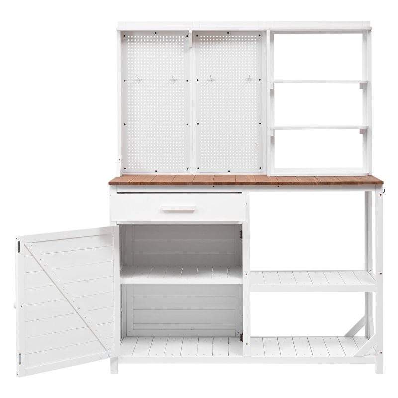 Banc de rempotage en bois de sapin rustique avec huche, poste de travail spacieux et conception ergonomique Verdantia, Blanc