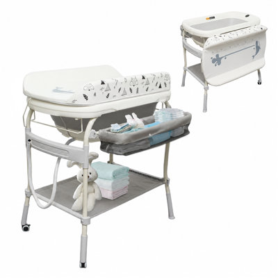 Baignoire pour bébé 2 en 1 avec table à langer, organisateur de chambre de bébé imperméable et à hauteur réglable avec supports de rangement pour nouveau-né