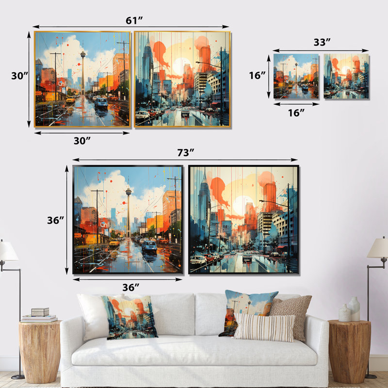 Paysage urbain d'Atlanta, coucher de soleil I - ensemble de salon d'art mural d'Atlanta, 2 pièces, Toile tendue