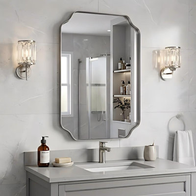 Rectangular Bathroom Vanity Mirror with Scalloped Corners – Stainless Steel Frame