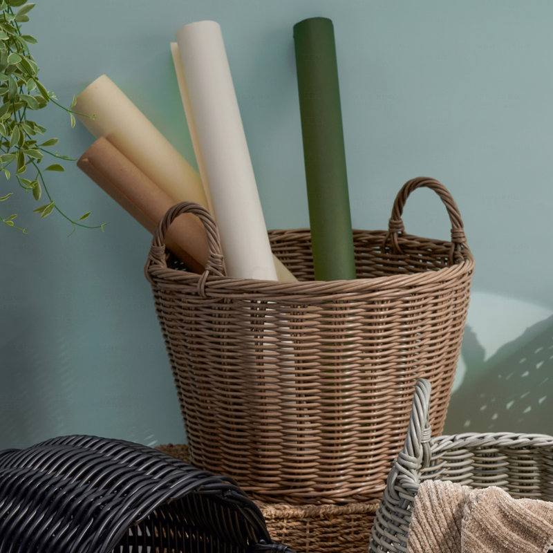 Panier rond en résine tressée avec poignées - Brun chocolat - Pour vêtements, serviettes, toile, jouets, rangement pour magazines et décoration intérieure