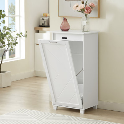 Tilt Out Trash Can Cabinet Wooden with Negative Ion and Deodorizing Kitchen Trash Bin Laundry Sorter