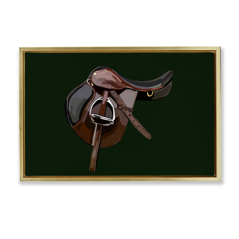 Toile flottante «Western Horse Saddle» par Amelia Noyes, Cadre flottant métallique doré, H 21 po x l 31 po