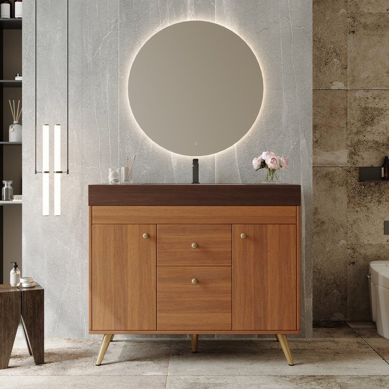 Meuble-lavabo autoportant moderne 36 po avec plateau en pierre frittée, Brun