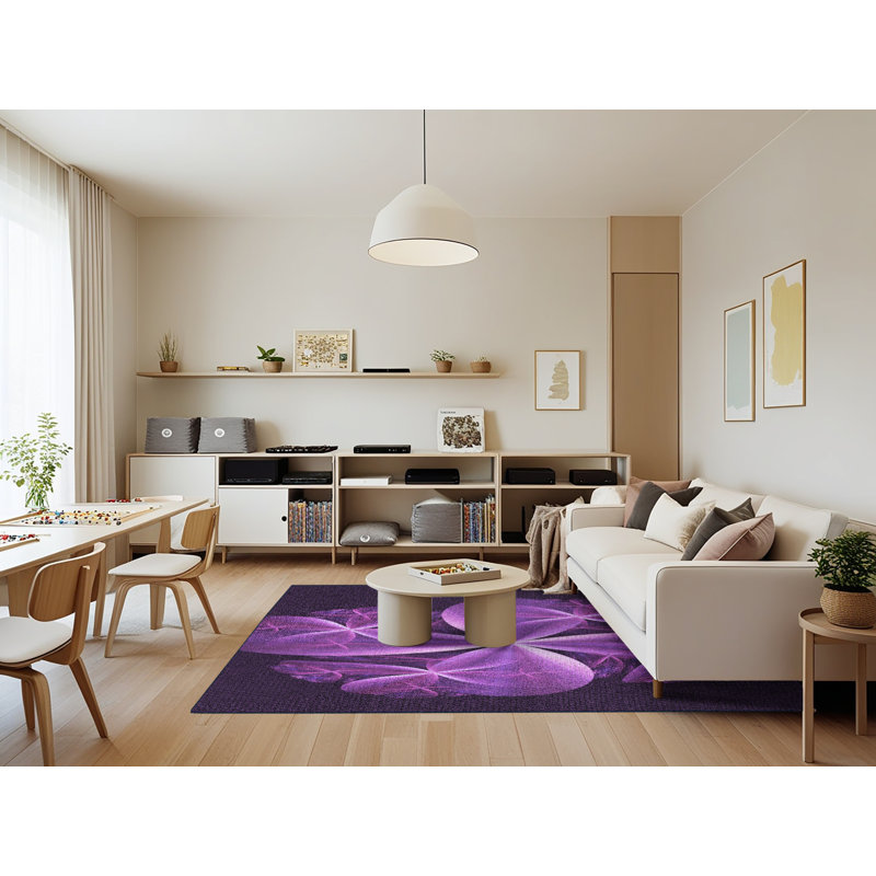 Mauve/blanc/Tapis décoratif bleu marine, Rectangle 7 pi x 9 pi