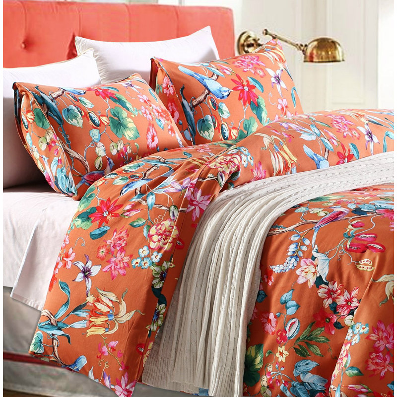 Tropical Cotton Sateen Floral Duvet Cover, Full/Queen Duvet Cover + 2 Standard Shams