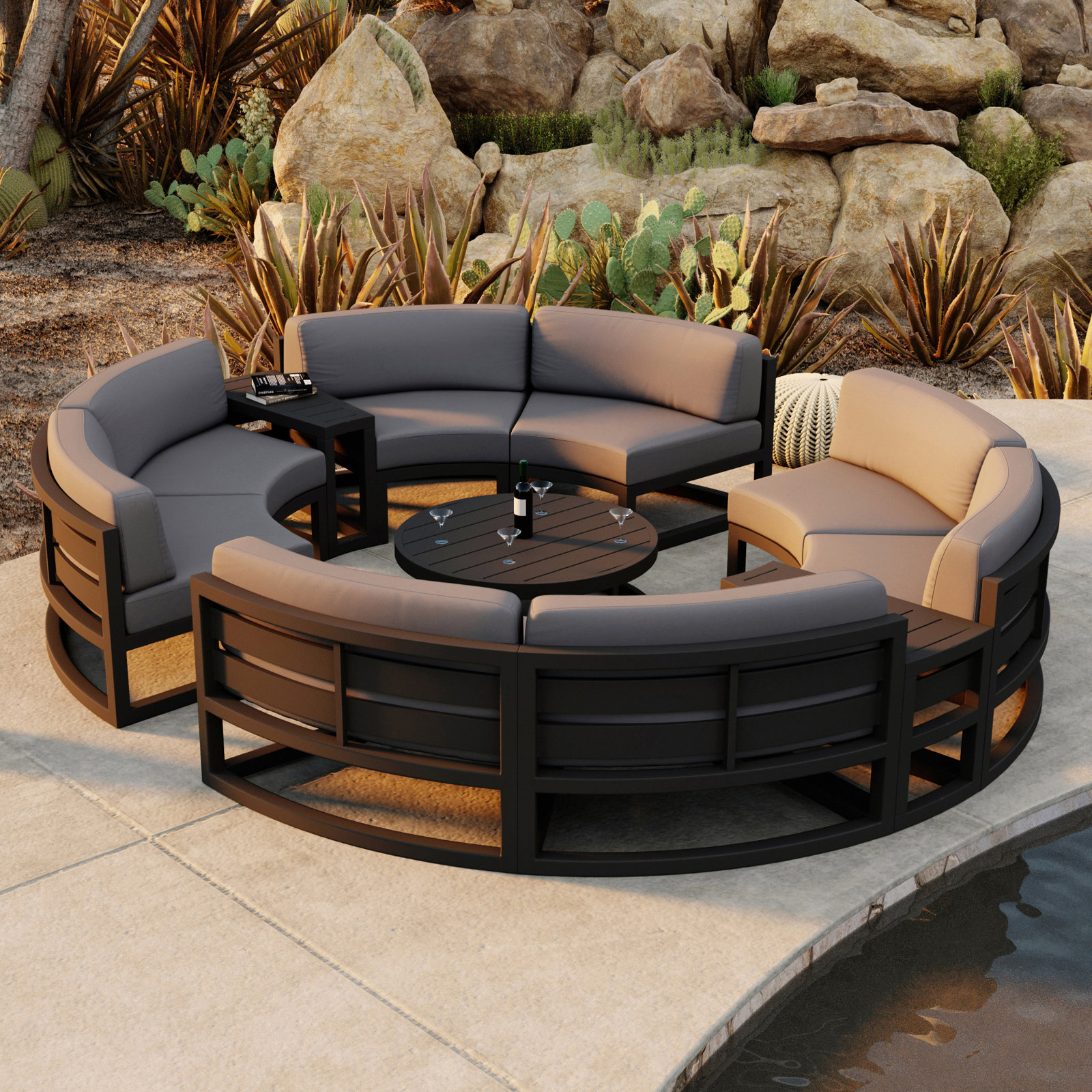 Bergeron 8 - Person Patio Conversation Set with Cushions, Canvas Charcoal Sunbrella® Canvas, Black