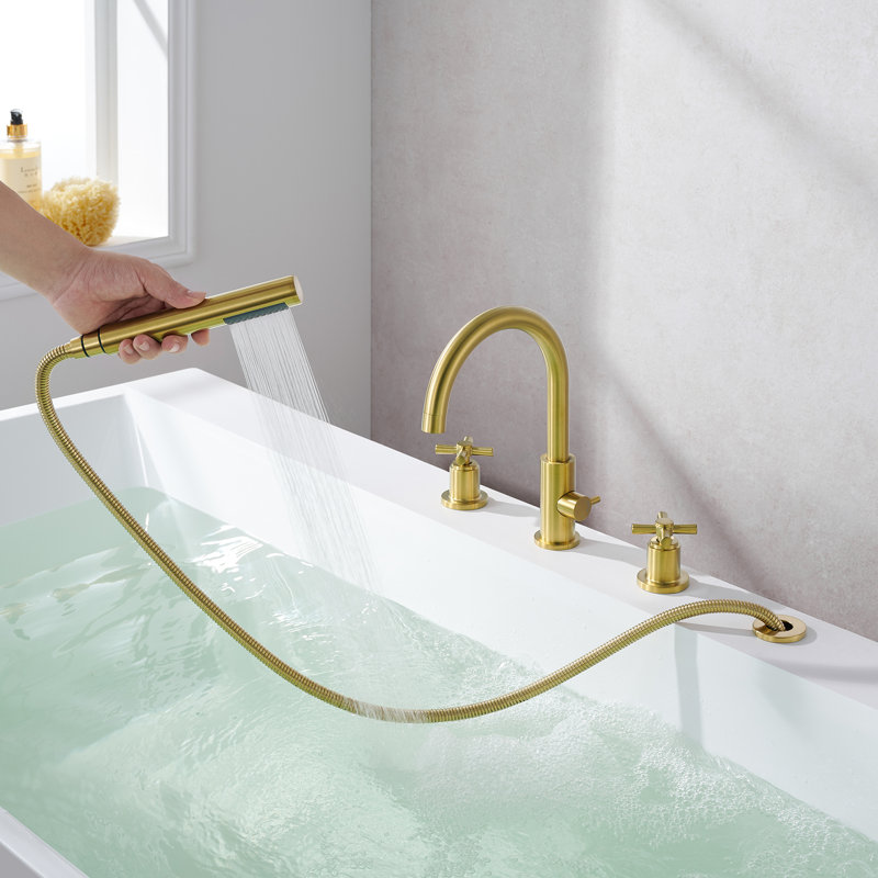 Sundale Cross Handles Deck-Mount Roman Tub Faucet with Handshower, Brushed Gold