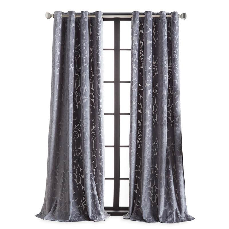 Teal Velvet Floral Print Grommet Curtain Panel Pair