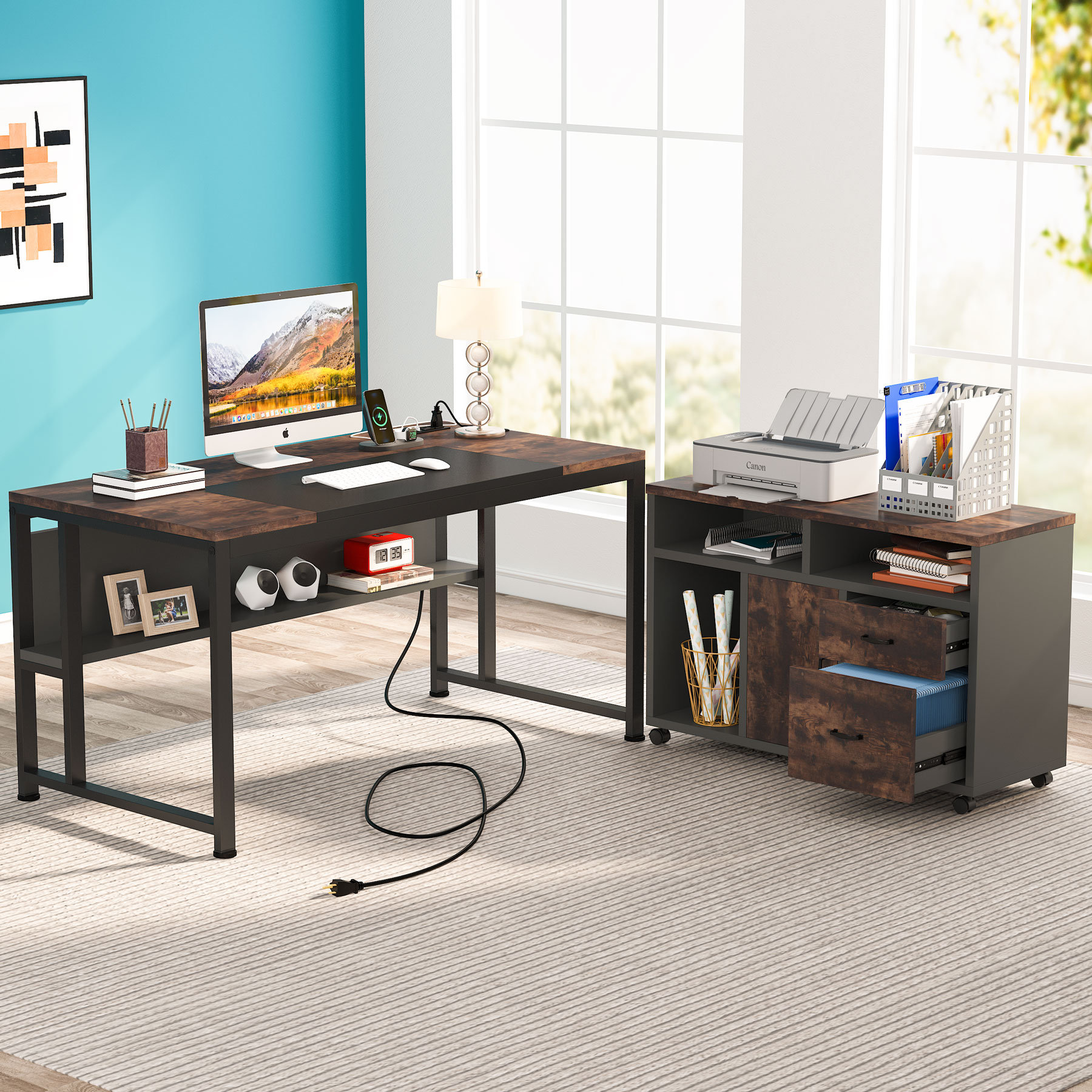 Executive Writing Desk Storage Black Desk L Shape Foldable Modern