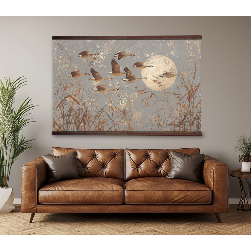 Tapisserie sur toile, oies volantes, paysage lunaire, décoration murale rustique, H 40 po x l 60 po