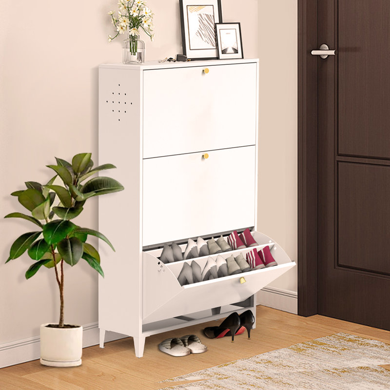 3 Drawer All Steel Shoe Cabinet, Freestanding Shoe Rack Storage Organizer With Flip Door, Modern Tipping Bucket Shoe Cabinet For Entryway, Hallway, Bedroom