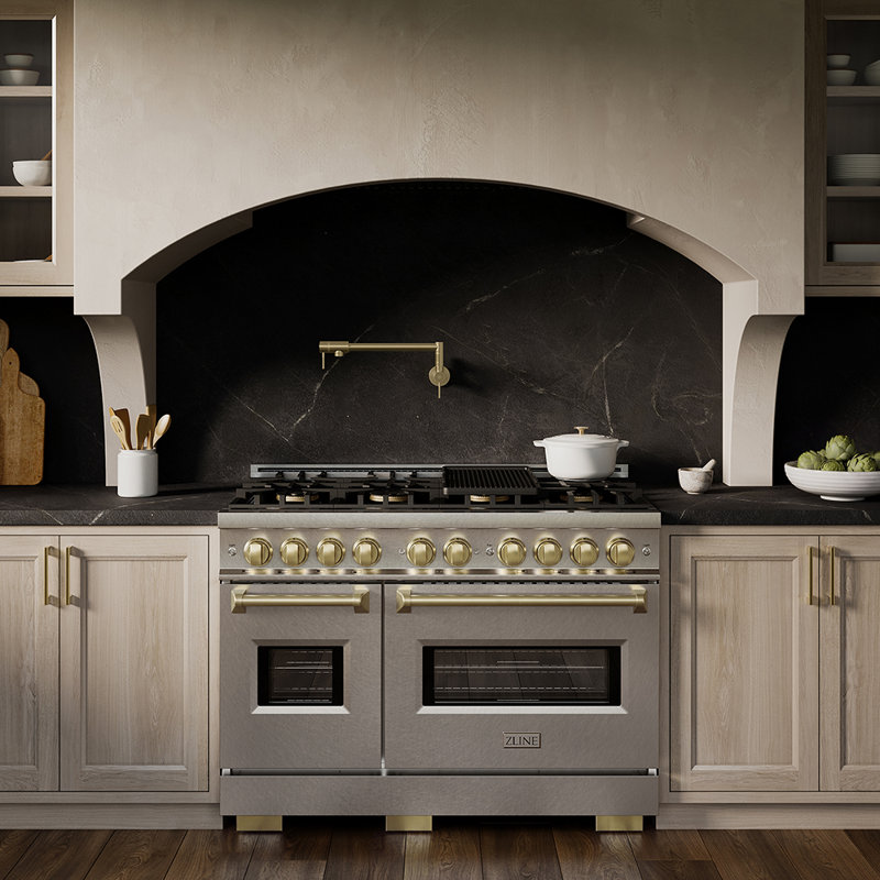 ZLINE Autograph 48 in. Classic Gas Range with 8 Burner DuoPro Cooktop w/ Champagne Bronze Accents, Satin Stainless Steel