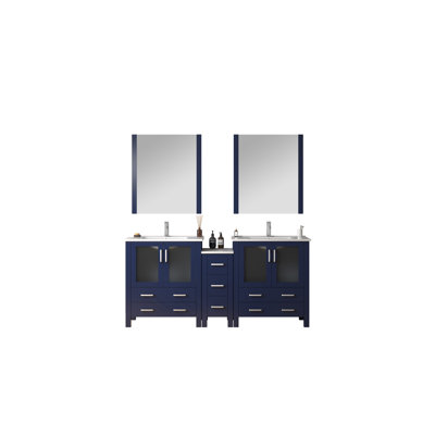 Volez 72 in W x 18.25 in D Double Bath Vanity with Side Cabinet, White Ceramic Tops and 28 in Mirrors
